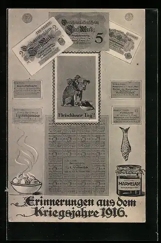 AK Erinnerung aus dem Kriegsjahr 1916, Darlehenskassenschein, Lebensmittelmarken