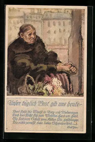 Künstler-AK Zürich, Kriegsunterstützung der Stadt, Arme Blumenverkäuferin in der Kälte