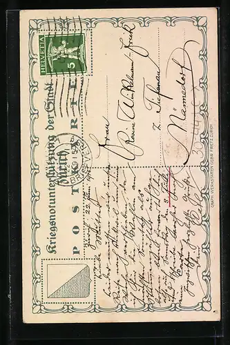 Künstler-AK Zürich, Kriegsunterstützung der Stadt, Arme Blumenverkäuferin in der Kälte