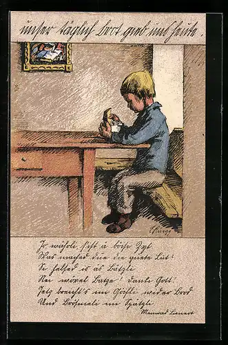 Künstler-AK Zürich, Kriegsnot-Unterstützung, Junge am Esstisch mit Suppe und trockenem Brot