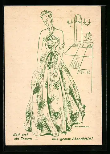 Künstler-AK sign. J. Hartmann: Abendkleid aus gelber Taftseide mit Motiv, Modekarten Merkur-Verlag