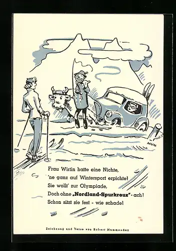 Künstler-AK Reklame für Nordland-Spurkreuz Schneeketten fürs Auto, Skifahrerin, abgeschlepptes Auto