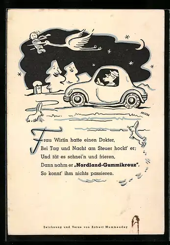 Künstler-AK Reklame für Nordland-Gummikreuz Schneeketten fürs Auto, Klapperstorch bringt Nachwuchs