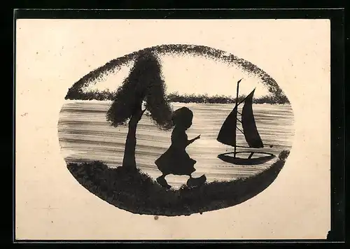 Künstler-AK Handgemalt: Mädchen blickt vom Ufer auf ein Segelboot