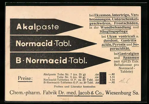 AK Wiesenburg i. Sa., Chem.-pharm. Fabrik Dr. med. Jacob & Co., Reklame für Akalpaste und Normacid