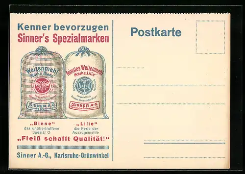 AK Karlsruhe-Grünwinkel, Sinner AG, Kenner bevorzugen Sinner`s Spezialmarken, Weizenmehl-Reklame