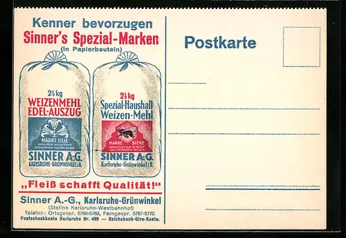 AK Karlsruhe-Grünwinkel, Sinner AG, Fleiss schafft Qualität!, Mehl-Reklame