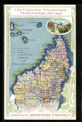 AK Tananarive, Strassenpartie, Landkarte der französischen Kolonien, Reklame für Chocolaterie d`Aiguebelle