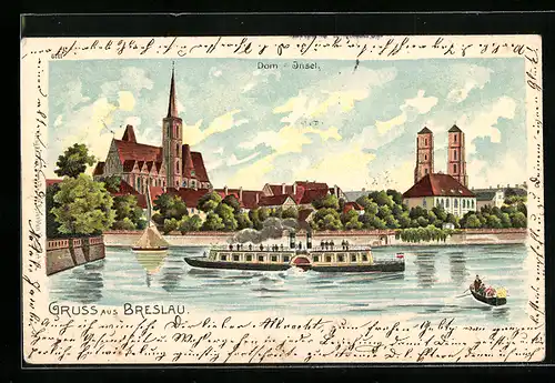 Lithographie Breslau, Ortspartie mit Dom und Insel