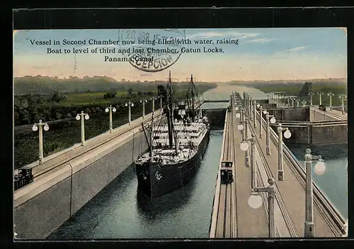 AK Gatun, Vessel in Second Chamber, being filled with Water, Gatun Locks, Panama Canal