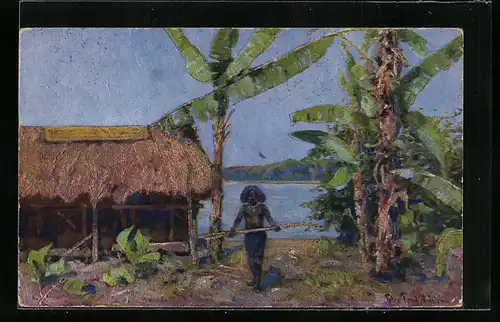 Künstler-AK Neuguinea, Ortspartie mit Papua