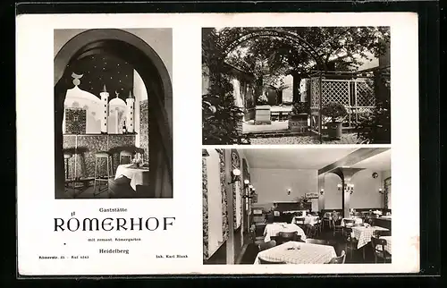 AK Heidelberg, Gasthaus Römerhof, Innenansicht, Römergarten