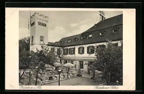 AK Rüdesheim a. Rh., Gasthaus Rüdesheimer Schloss mit Gartenrestaurant