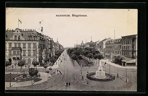 AK Mannheim, Ringstrasse mit Brunnen und Hotel National