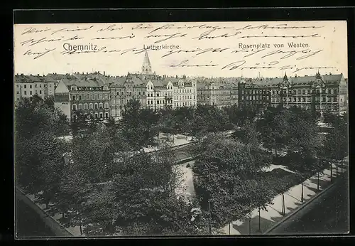 AK Chemnitz, Lutherkirche und Rosenplatz von Westen