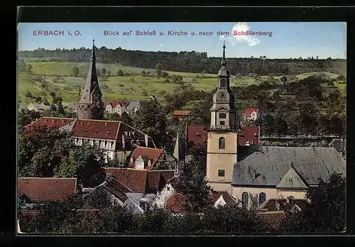 AK Erbach i. O., Blick auf Schloss und Kirche und nach dem Schöllenberg