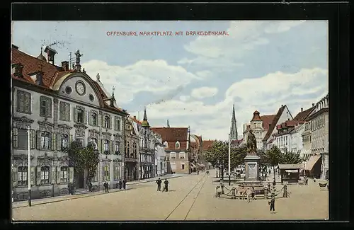 AK Offenburg, Marktplatz m. Drake-Denkmal