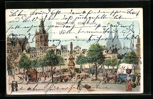 Lithographie Köln a. Rh., Alter Markt mit Kirche