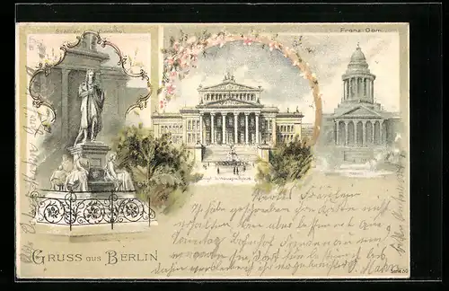 Lithographie Berlin, Gendarmenmarkt, Schiller Denkmal, Französischer Dom, Königl. Schauspielhaus