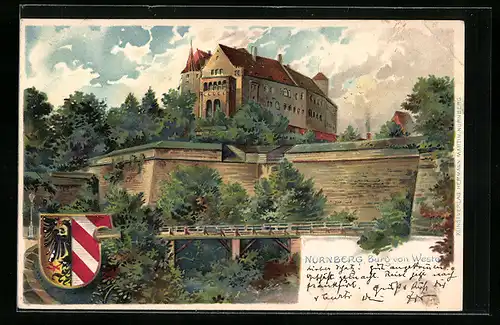 Lithographie Nürnberg, Burg von Westen und Stadtwappen