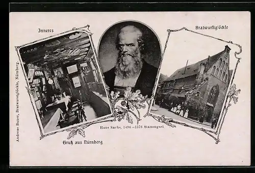 AK Nürnberg, Inneres des Bratwurstglöckle, Portrait Hans Sachs