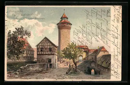 Lithographie Nürnberg, Burgpartie mit tiefen Brunnen