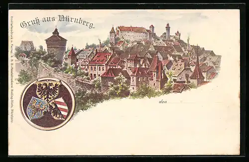 Künstler-AK Nürnberg, Teilansicht mit Wappen