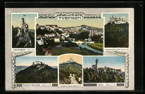 AK Tübingen, Burgen Teck, Hohen-Neuffen, Wurmlinger-Kapelle, Gesamtansicht