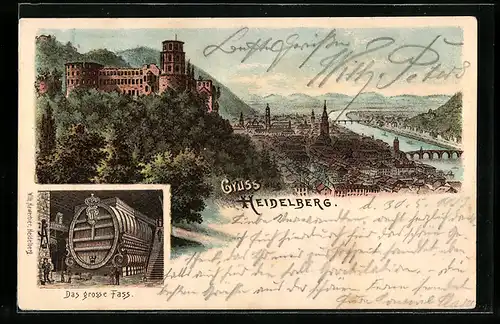 Lithographie Heidelberg, Panoramaansicht, Das grosse Fass