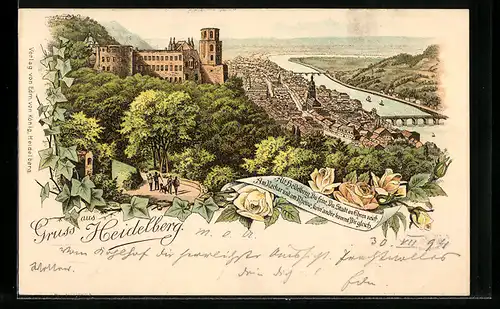 Lithographie Heidelberg, Gesamtansicht mit Burg