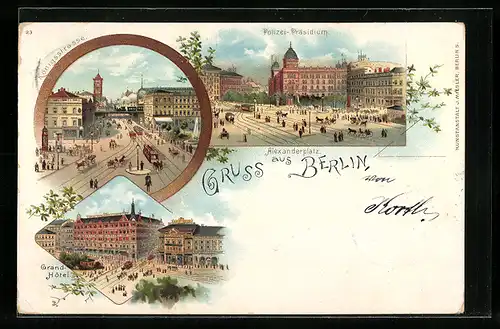 Lithographie Berlin, Alexanderplatz mit Polizei-Präsidium und Grand Hotel