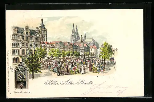 Lithographie Köln, Alter Markt mit Dom, Strassenbahn