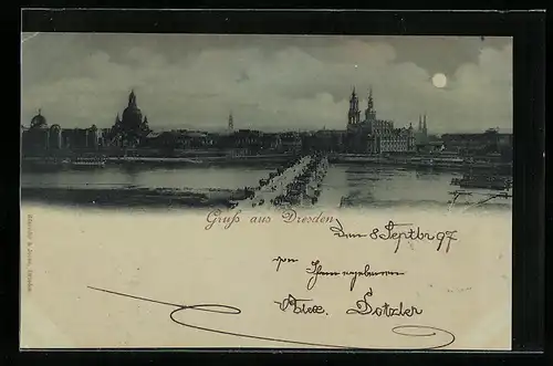 Mondschein-AK Dresden, Blick über die Elbe auf die Silhouette der Stadt