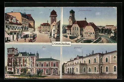 AK Crimmitschau, Bahnhof, Post, Thieme- und Silberstrasse