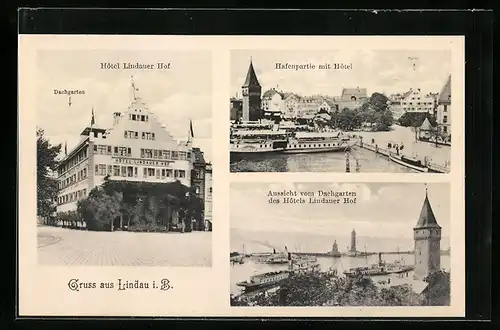 AK Lindau i. B., Hotel Lindauer Hof, Hafenpartie mit Hotel