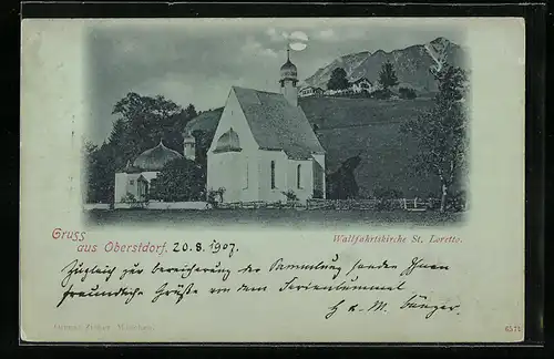 Mondschein-AK Oberstdorf, Wallfahrtskirche St. Loretto
