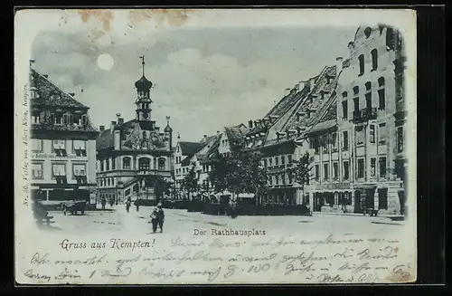 Mondschein-AK Kempten, Der Rathausplatz im Mondlicht