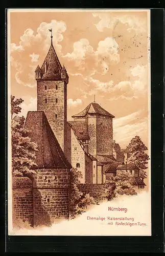 Lithographie Nürnberg, Ehemalige Kaiserstallung mit fünfeckigem Turm