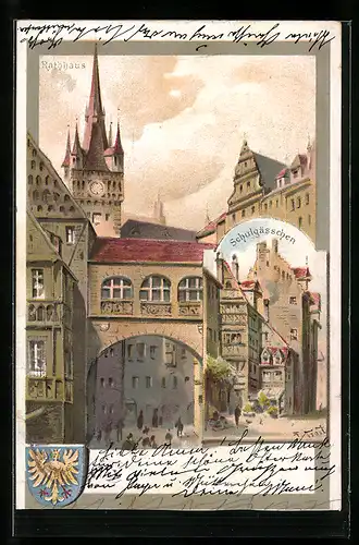 Lithographie Nürnberg, Rathaus u. Schulgässchen