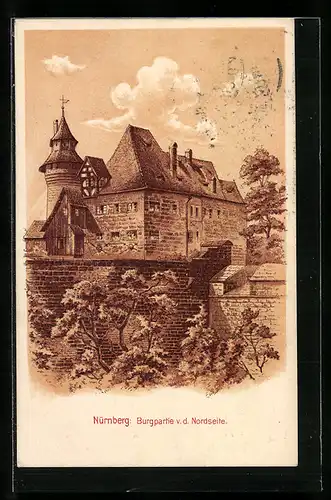 Lithographie Nürnberg, Burgpartie von der Nordseite