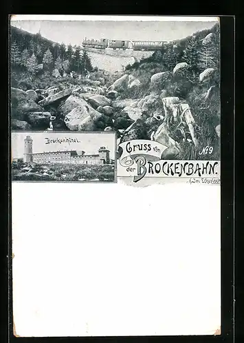 AK Brocken, Brockenbahn, Blick auf Brockenhotel