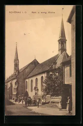 AK Schönau i. O., Kath. u. evang. Kirche