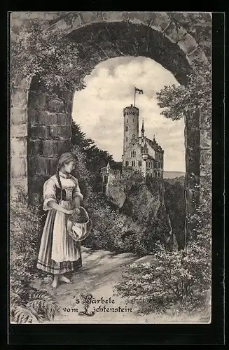 AK Lichtenstein, s`Bärbel am Torbogen mit Blick zum Schloss