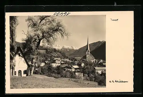 AK Imst, Ortsansicht mit Kirche und den Bergen