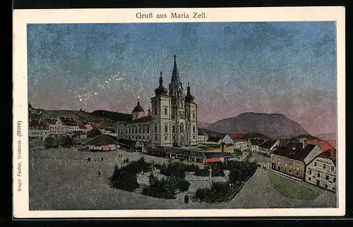 AK Mariazell, Ortsansicht mit Wallfahrtskirche