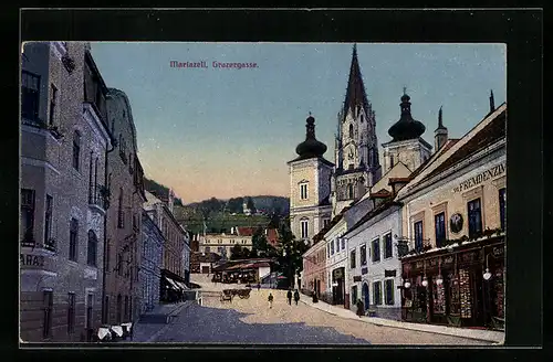 AK Mariazell, Grazergasse mit Geschäften