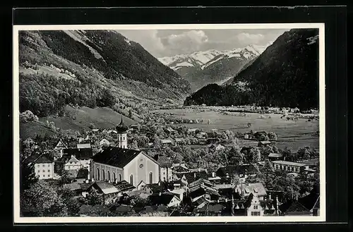 AK Schruns, Ortsansicht gegen die Silvrettagruppe im Montafon