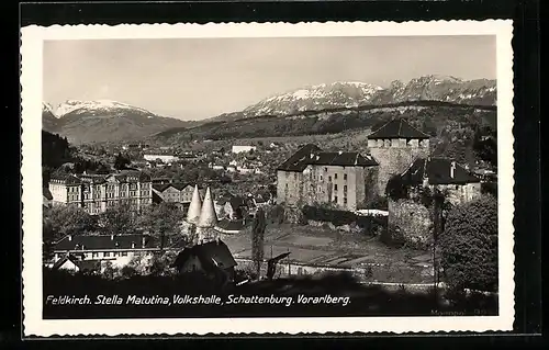 AK Feldkirch, Blick auf Reichsfinanzschule, Volkshalle und Schattenburg