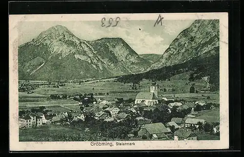 AK Gröbming, Ortsansicht mit Kirche und Alpenmassiv
