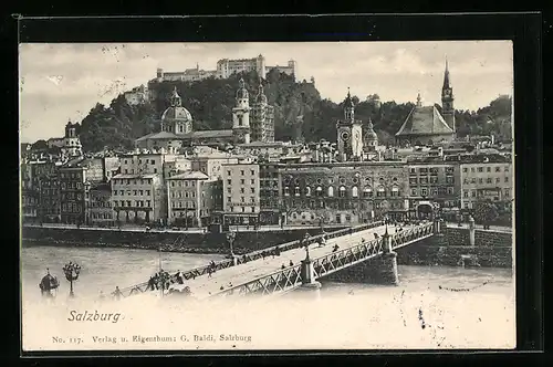 AK Salzburg, Uferpartie mit Kirche und Brücke